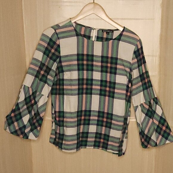 J. Crew Mercantile Green Pink Plaid Flannel Top 6 - Picture 1 of 7